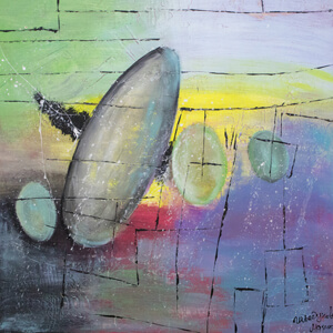 Барон Мюнгхаузен на дирижабле. 90x90, Акрил, ДСП, 2020 год